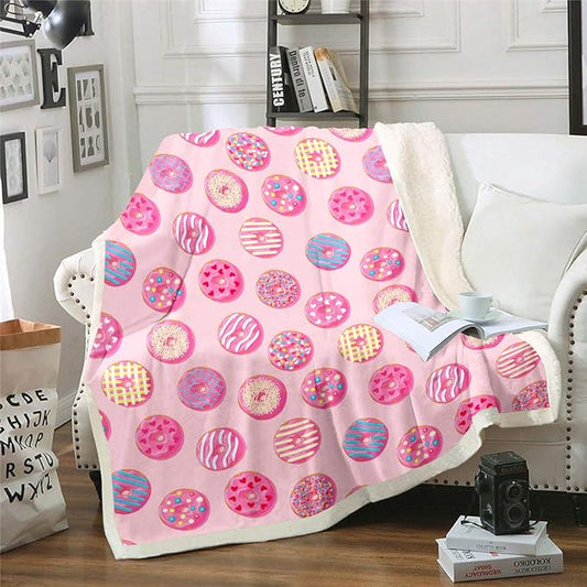 Chocolate Doughnut Plush Blanket Whimsical Dessert Print Fleece Throw Blanket for Couch Bed Sofa Decor Chic Bright Kawaii Pink Sherpa Blanket Fuzzy Blanket Baby 30"x40"