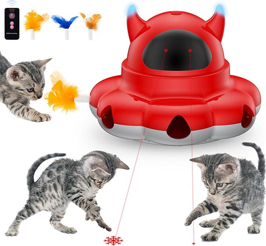2-in-1 Interactive Cat Toys for Indoor Cats, Automatic Cat Toy with 7 Holes Mice Whack A Mole Moving Feather, Smart Cat Toy (Red)