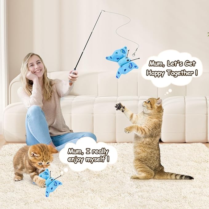 ORSDA Cat Toys, Cat Wand Toy for Indoor Cats, Replacement Cat Teaser Toys, Interative Cat Toy for Cats with Bell, Cat Feather Toy for Cats to Chase and Exercise(Blue Butterfly)