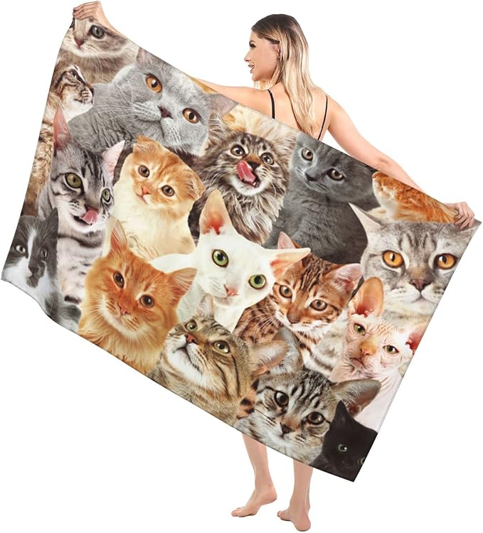 SARA NELL Cute Cat Microfiber Beach Towel Cat Breed Bath Towel for Cat Lover, Sand Free, Oversized, Super Absorbent, Quick Dry Towel for Travel Swimming, Sports, Beach, Gym,(31" x 51")