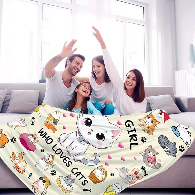Cat Blanket Soft Cozy Warmth Flannel Cat Throw Blankets Just A Girl Who Loves Cat Blankets Bedding Decor for Cat Lover Girls Women Adults Gifts 60"x50"
