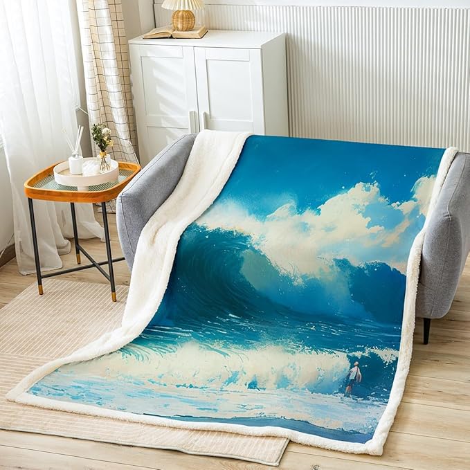 Ocean Wave Fleece Throw Blanket for Bed Sofa Couch Summer Sea Beach Sherpa Blanket Hawaiian Tropical Printed Plush Blanket Microfiber Wave Surfing Fuzzy Blanket Blue 40"x50"