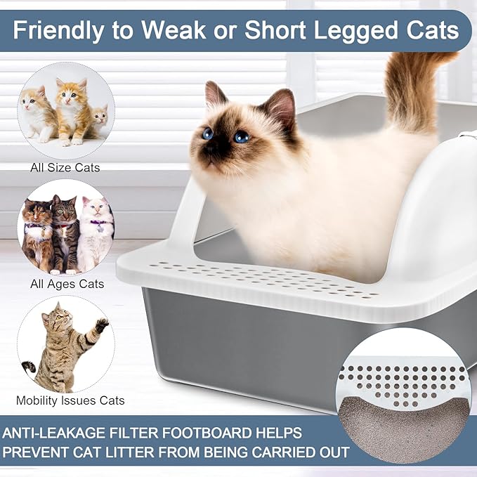 2 Pack Stainless Steel Cat Litter Box, XL Extra Large Cat Litter Box with Lid, Cat Litter Box High Sided, Easy to Clean, Enclosed Metal Cat Litter Pan for Multiple Cats(Grey Coated)