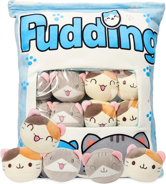 Cat Plush Pillow, Cute Plushies with Kitten Doll, Bag of Removable Kitten Stuffed Animals, Kawaii Plushies Cat Toy for Kids, Gift for Girls Boys Birthday (8 Blue Kitten)