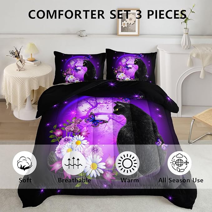 Black Cat Bedding Cartoon Cat Comforter Set Twin,Daisy Butterflies Printed Kids Bedding Set for Kids Boys Girls Adults Room Decor,Kids Comforter Set All Season,1 Quilt 2 Pillow Cases