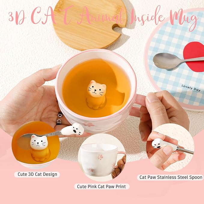 BigNoseDeer Kawaii Cat Mug with 3D Kitty Inside Cute Mugs Ceramic Tea Cup Coffee Mug Gifts for Women Girlfriend Kids White Elephant Gifts (13oz)