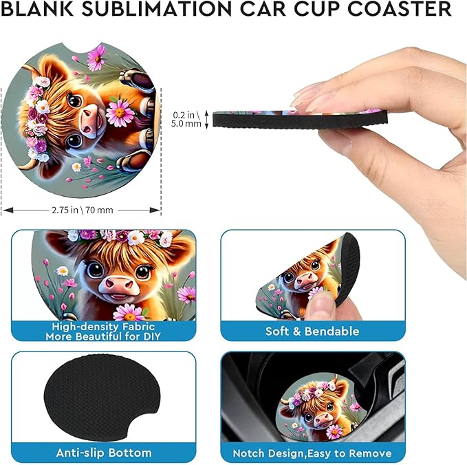 Car Coasters for Cup Holders,2 Pack Highland Cow Floral Car Coasters,2.75" Universal Size Anti Slip Rubber Mat,Automotive Cup Holder Gifts for Cow Lovers for Women,Men,Mom