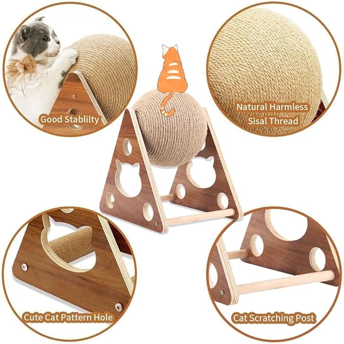 Cat Scratcher Toy,Natural Sisal Rope Cat Scratching Ball Scratcher Toy with Ball for Cats& Kittens&Dogs&Puppy, Interactive Solid Wood Scratcher Pet Toy (Small)
