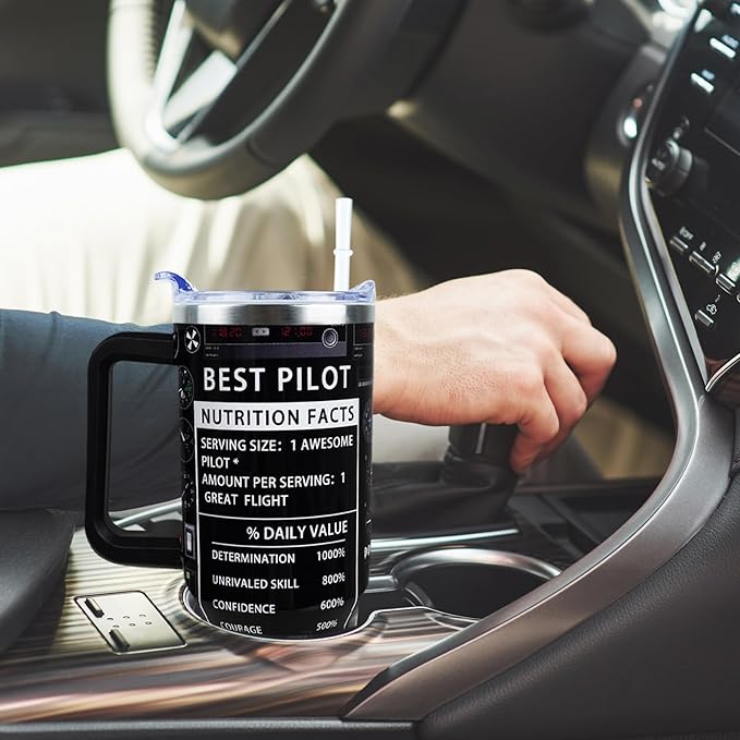 Best Pilot Tumbler 40 oz Tumbler with Handle and Straw Lid Leak Proof - Cool Gifts for Pilots Travel Coffee Mug Insulated for Hot Cold Ice - Best Pilot Gifts for Aviation Lovers Men Dad Fathers Day