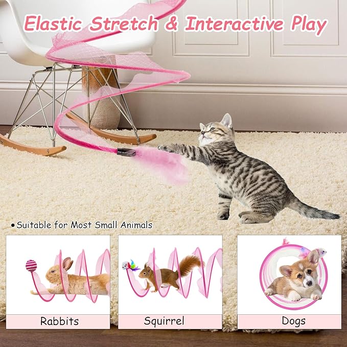 2 Packs Folded Cats Tunnel, Cats Tunnels Toy for Indoor Cats Collapsible Tubes Plays Tunnel Spring Exercise Pet Tunnel Bed Interactive with Toys Feather Mouse Attract Kitten Pink