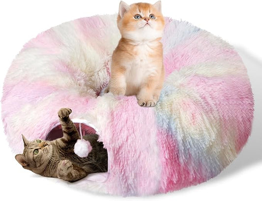 Cat Tunnel Bed for Indoor Cats, Catasaurus Peekaboo Cat Cave with Washable Soft Play Mat, Furry Cat Tube, for Kitten/Puppy/Rabbit, Pink