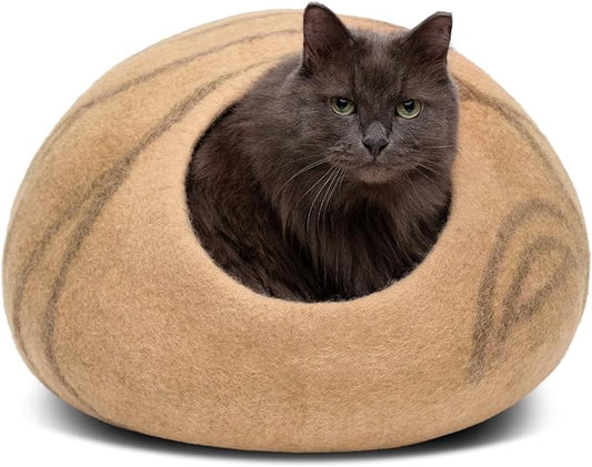 MEOWFIA Cat Cave – Premium Felt Cat Bed for Indoor Cats, Handmade 100% Merino Wool (Light Shades) (Medium, Beige)