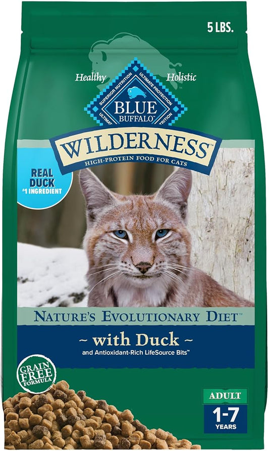 Blue Buffalo Wilderness Nature's Evolutionary Diet High-Protein, Grain-Free Natural Dry Food for Adult Cats, Duck, 5-lb. Bag