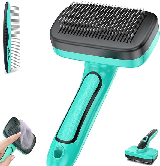 Dog Brush for Shedding, Self-Cleaning Slicker Brush, Short & Long Haired Pets, Removes Mats, Tangles, Loose Fur, Gentle on Skin, Ideal for Small, Medium, Large Dogs, Pet Comb, Aqua Green