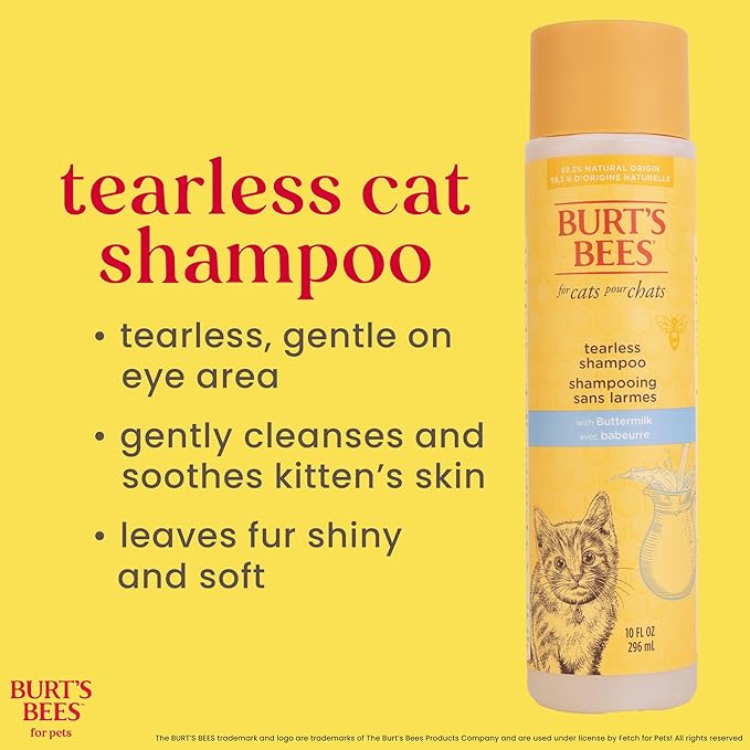 Burt's Bees for Pets Tearless Kitten Shampoo with Buttermilk, 99.3% Natural Origin Formulas, Pet Shampoo for Cats, Gentle Cat Shampoo, Cat Shampoo for Itchy Skin, 10 oz