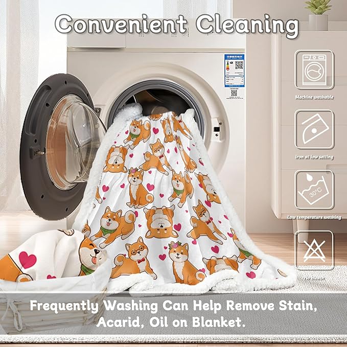 BlessLiving Shiba Blanket Cute Dog Heart Print Fleece Blanket Watercolor Pet Sherpa Blanket Throw Kids Girls Shiba Inu Throw Blanket Dog Lover Gift (50 x 60 Inches)