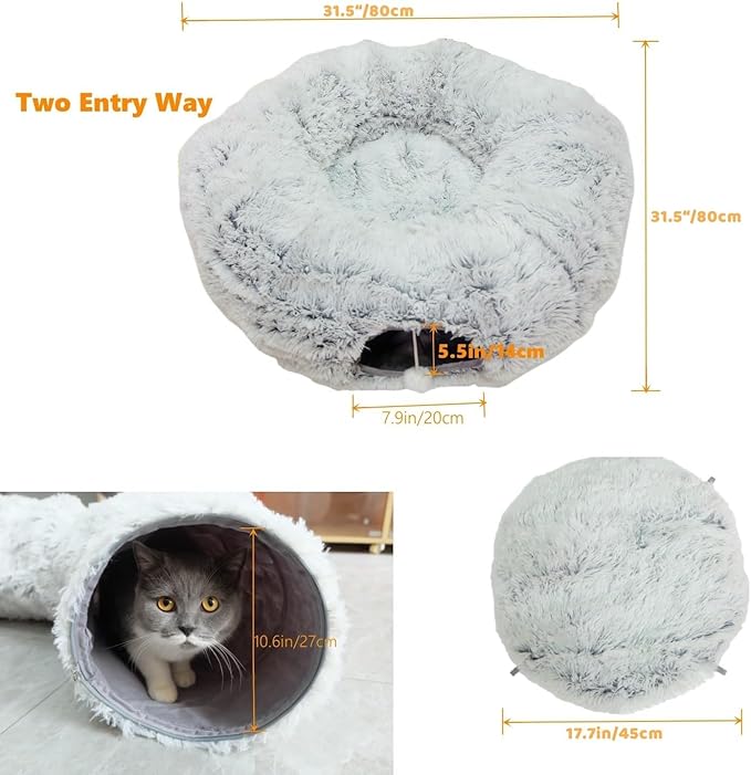 Plush Cat Tunnel Bed with Central Mat for Indoor Cat Kitten Puppy Rabbit,Under Christmas Tree Soft Plush Cat Play Tunnel, Peephole and Hanging Ball
