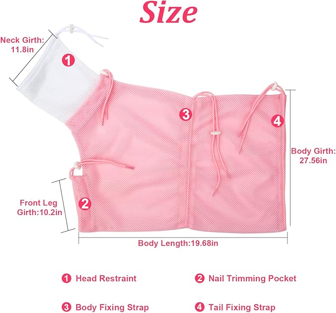 Cat Bathing Bag, Breathable Mesh Cat Shower Bag Anti Scratch Adjustable Cat Grooming Bag for Nail Trimming, Bathing Polyester Soft Cat Washing Bag (White-Pink)