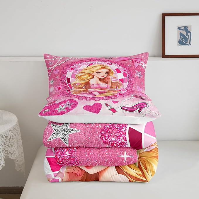 Castle Princess Kids Comforter Set Full Size,High-heeled Shoes Lip Bowknot Fashion Bedding Set,Girls Women Room Decor,Glitter Stars Sequins Down Comforter,Pink Romantic Duvet Insert,2 Pillowcases