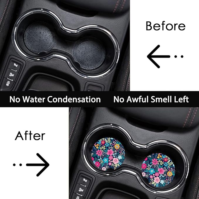 Car Coasters for Cup Holders,2 Pack Floral Car Coasters,2.75" Universal Size Anti Slip Rubber Mat,Automotive Cup Holder Decal Decor Accessories,Rubber Car Cup Mat for Women,Men,Mom