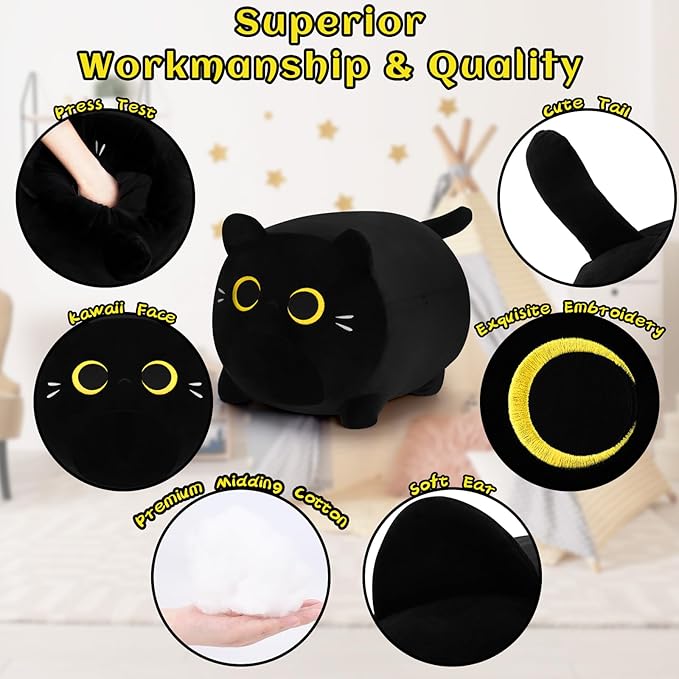 Black Cat Plush Pillow - 20'' Plushie, Gold Eyes, Anime Cat Plush, Cute Stuffed Animal, Birthday Gift for Kids