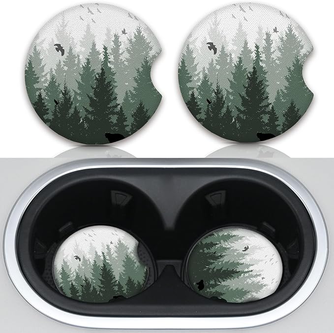 Car Coasters for Cup Holders,Cute Car Interior Accessories for Women Men,2.75" 2pcs Cup Holder Coasters for Car,Anti Slip Rubber Car Cup Mat with A Finger Notch(Forest)