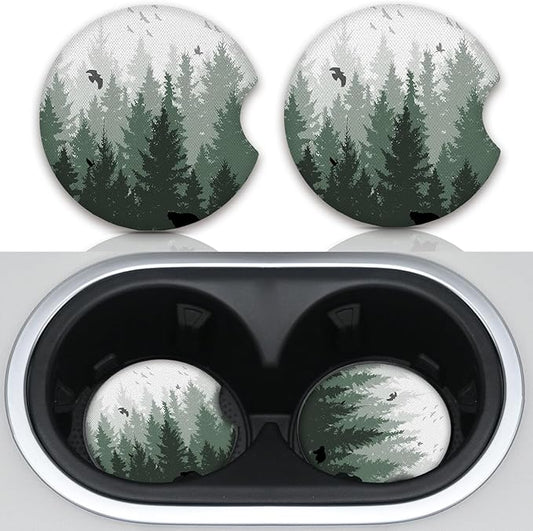 Car Coasters for Cup Holders,Cute Car Interior Accessories for Women Men,2.75" 2pcs Cup Holder Coasters for Car,Anti Slip Rubber Car Cup Mat with A Finger Notch(Forest)