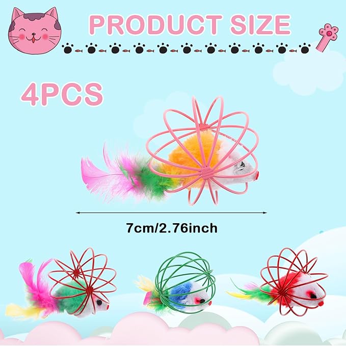 Cat Toys 4pcs, Interactive Cat Ball Toy with Mice Inside, Best Cat Toys for Bored Indoor Cats, Cat Stocking Stuffers, Cat Feather Toy, Catnip Ball, Spring Cat Toy, Cat Toys Ball for Kittens and Cats,