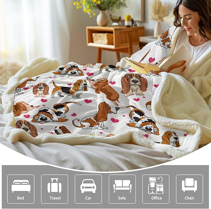 BlessLiving Red Hearts Dog Print Sherpa Plush Blanket Cute Puppy for Kids Adults 3D Animal Print Lightweight Blanket Bassett Hound Gifts Gift for Pet Lovers (Basset Hound,Twin, 60 x 80 Inches)