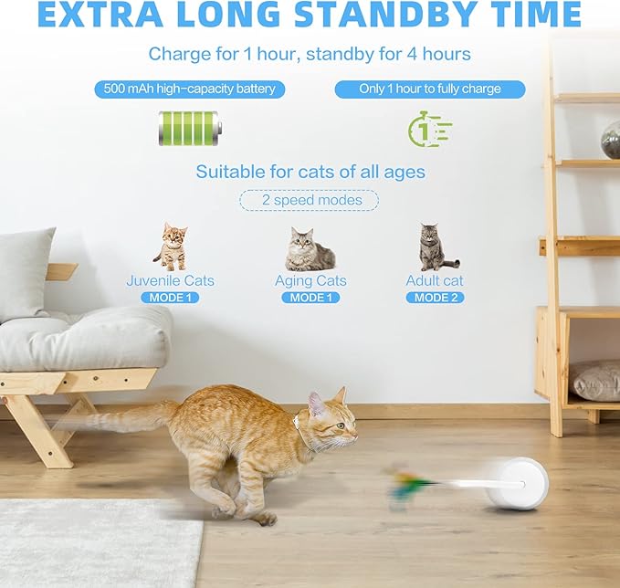 Cat Toys, Turbo Tail Popper Cat Toy 2-Speed Interactive Turbo Tail Mouse Cat Ball Toy Touch Control and Sound Control Smart Start Cat Toy With LED Lights Feathers and USB Type-C Charging Cable