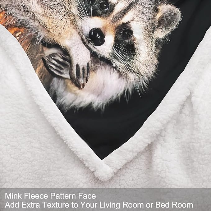 Raccoon Sherpa Blanket, Animal Print Fleece Throw Blankets for Couch Sofa Bed, Super Soft Warm and Lightweight, 60" x 80"