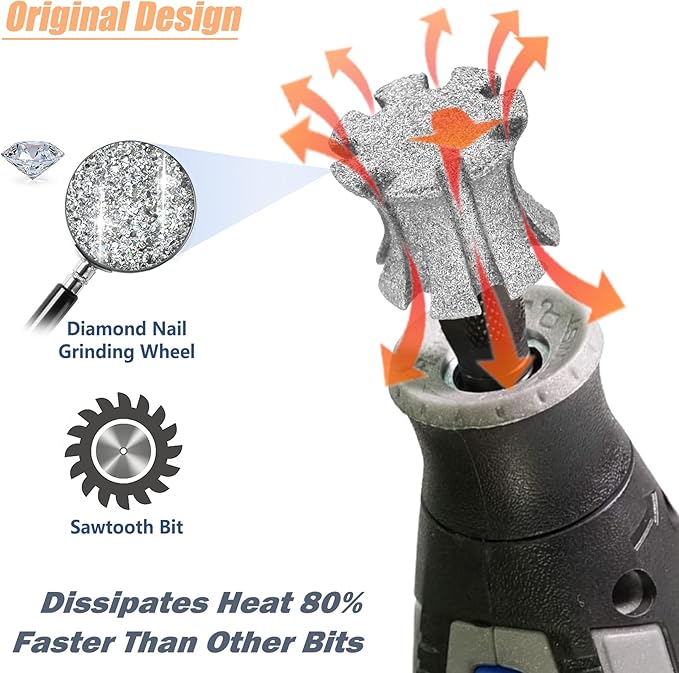 Fast Cooling Dog Nail Grinder Bit Sawtooth Head with Anti-Clogging, Diamond Quiet Pet Nail Grinder Tip for Claw Care 1/8'' Dremel Dog Nail Grinder Attachment for Anxious Dogs - SuperC 120# 1P