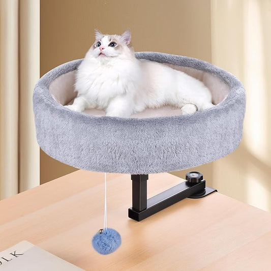 Cat Desk Bed - 360°Rotating & Adjustable, Supports Up to 44 lbs, Soft Faux Fur Fabric, Desk Cat Nest Bed Modern Indoor Cat Furniture for Office Desks and Game Tables, Island Table