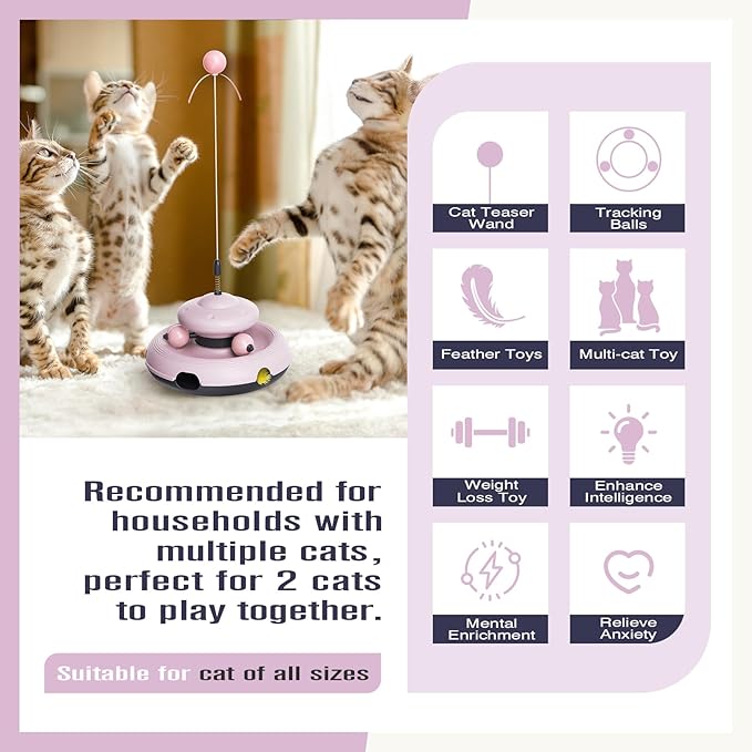 Zaabaaziba Interactive Cat Toys, Track Balls Kitten Toy for Indoor, High-Elasticity Cat Teaser Wand Cat Feather Toy, Perfect Toy for Multi-Cat Households for All Cat Breeds Pink
