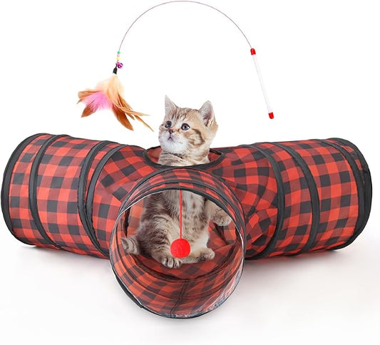 Tempcore Pet Cat Tunnel Tube Cat Toys 3 Way Collapsible, Cat Tunnels for Indoor Cats，Kitty Tunnel Bored Cat Pet Toys Peek Hole Toy Ball Cat, Puppy, Kitty, Kitten, Rabbit Red Lattice