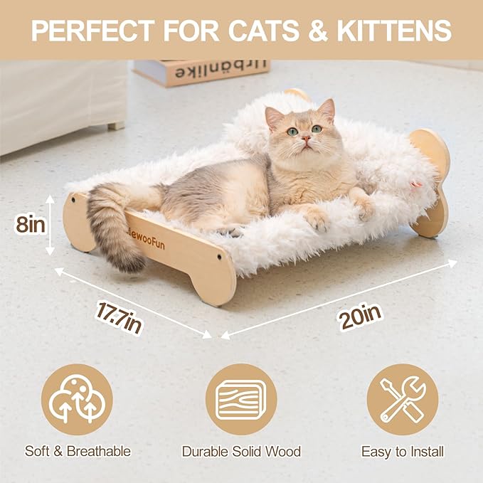 MEWOOFUN Cute Cat Beds for Indoor Cats, 20 X 17.7 in Elevated Cat Bed & Furniture, Wooden Cat Hammock Bed with Pillow, Fluffy Small Cat Bed Washable for Kitty, Plush White