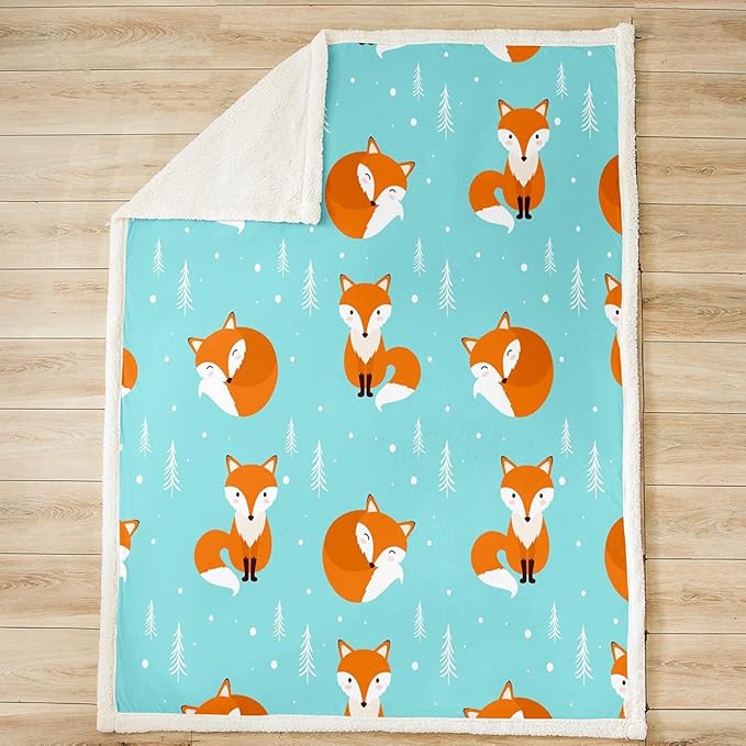Kids Cartoon Fox Throw Blanket Kawaii Style 3D Animal Theme Fleece Throw Blanket for Bed Sofa Couch Cute Bedroom Decor Woodland Fox Fuzzy Blanket Girls Super Soft Plush Blanket Baby 30"x40"