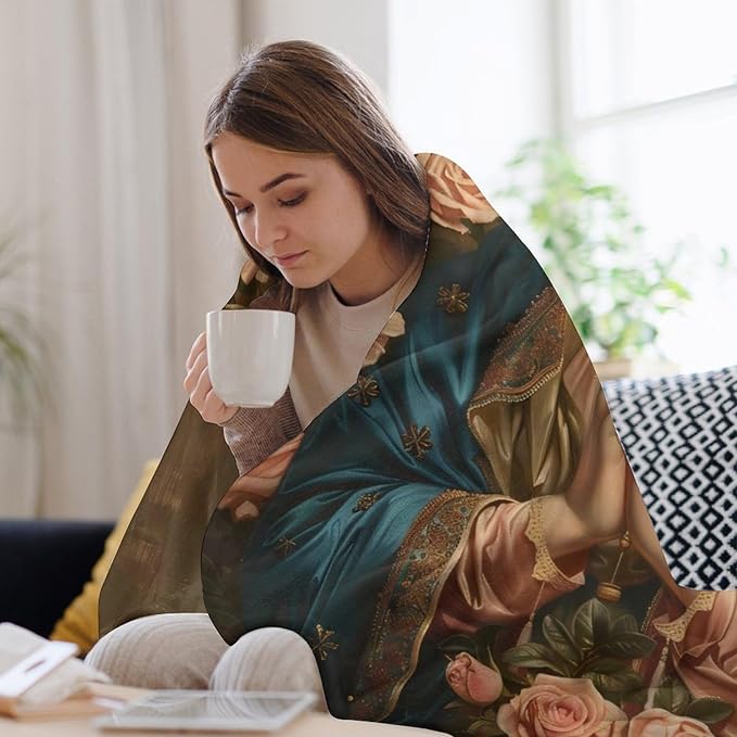 Virgin Mary Throw Blanket Catholic Religious Faith Mexican Mother of God Prayer Print Blankets Gifts for Couch Sofa Stuff Decor Cozy Fleece Plush Flannel Bedding for Lover Men Women Adults 50"x60"