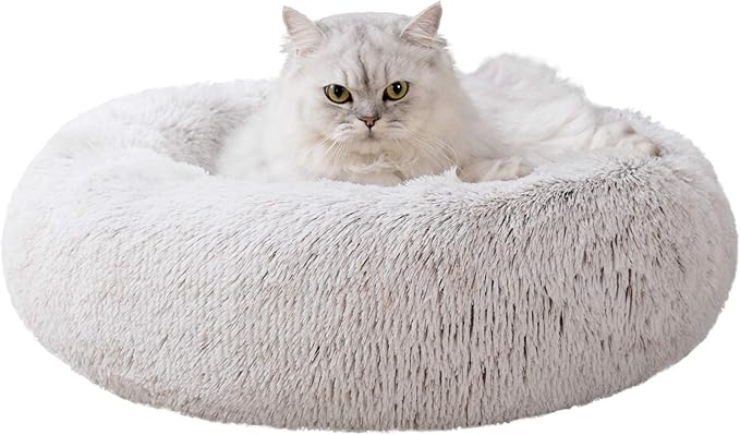Love's cabin 20in Cat Beds for Indoor Cats - Cat Bed with Machine Washable, Waterproof Bottom - Tie-Dye/Coffee Fluffy Dog and Cat Calming Cushion Bed for Joint-Relief and Sleep Improvement