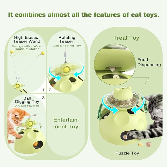 Zaabaaziba Interactive Cat Toys Multifunctional, Track Balls, Kitten Toy for Indoor, High-Elasticity Cat Teaser Wand, Multi-Cat Households, All Cat Breeds, Slow Feeder Toy Green