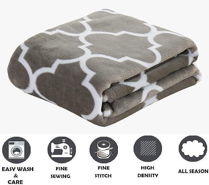 Elegant Comfort Luxury Velvet Super Soft Christmas Prints Fleece Blanket-Holiday Theme Home Décor Fuzzy Warm and Cozy Throws for Winter Bedding, Couch and Gift, 50 x 60 inch, Quatrefoil Grey