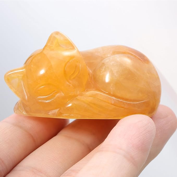 2" Sleeping Cat Statue Citrine Healing Crystals Hand Carved Cute Kitten Figurine, Worry Stone for Anxiety Relif Home Desk Decor Animal Figurine.