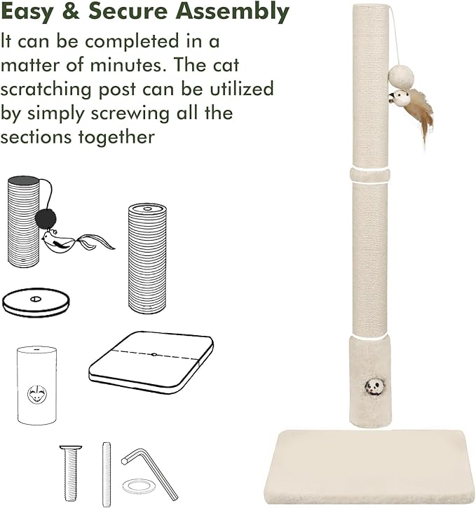 Cat Scratching Post with Premium Sisal Rope for Indoor 34in Tall Scratcher Post Tree with Mouse Hole, Hanging Ball for Adult Cats and Kittens White Scratch Tree