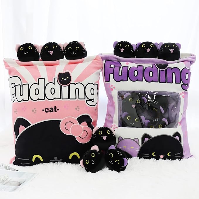 Plush Black Cat Pillow, 8 Cute Removable Stuffed Animals, Kids Sofa Chair Decorative Gift (Pink)