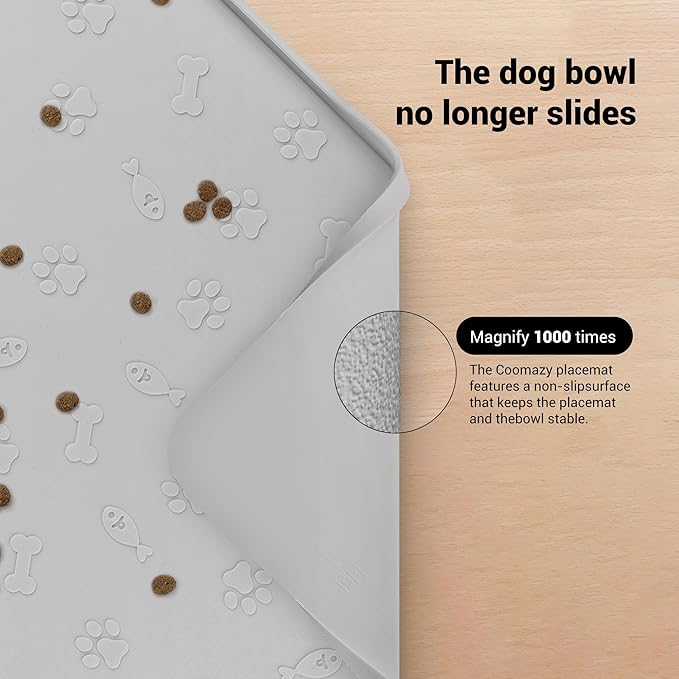 Coomazy Dog Cat Food Mat, Waterproof Non-Slip Silicone Feeding Mat for Floor, with Raised Edge to Prevent Food Spills and Water Runoff (Gray, 18.9x11.8)