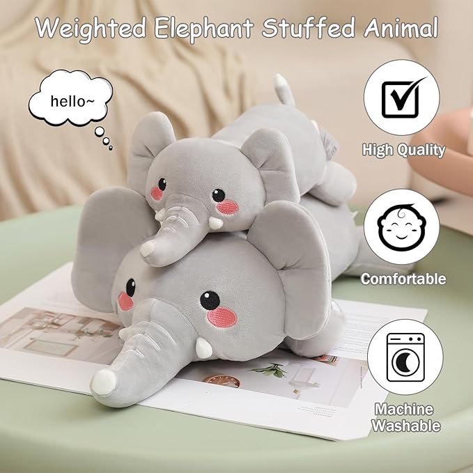 SQEQE Weighted Elephant Plush, Weighted Elephant Stuffed Animal, Cute Plushies Soft Pillow Toy Gift for Kids Adults 23.6 Inch, 3.1 Lbs