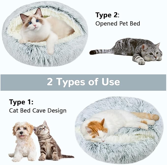 Cat Bed Round, Hooded Cat Bed Cave Fluffy Dog Beds, Cozy Donut Anti Anxiety Dog Bed for Small Dog and Cat, Gifts for Cat Lovers(20×20inch, Grey)