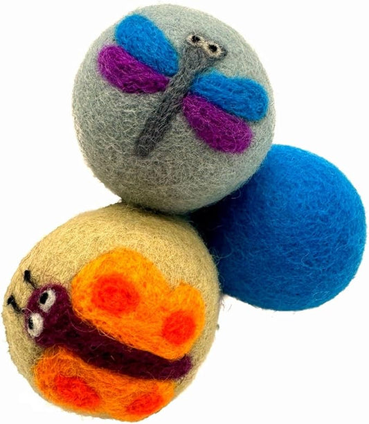 Hustle & Blush Wool Felt Balls 3 Pack Love Ewe Pet Supplies 2" Felted Wool Cat Toys 100% New Zealand Wool Felt Cat Toys Handmade Wool Felt Balls, Colorful Wool Balls for Cats - Dragonfly and Butterfly