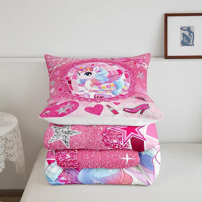 Cartoon Unicorn Kids Comforter Set Full Size,Bowknot High-heeled Shoes Lip Romantic Bedding Set,Girls Women Room Decor,Stars Sparkling Princess Down Comforter,Pink Cute Duvet Insert,2 Pillowcases