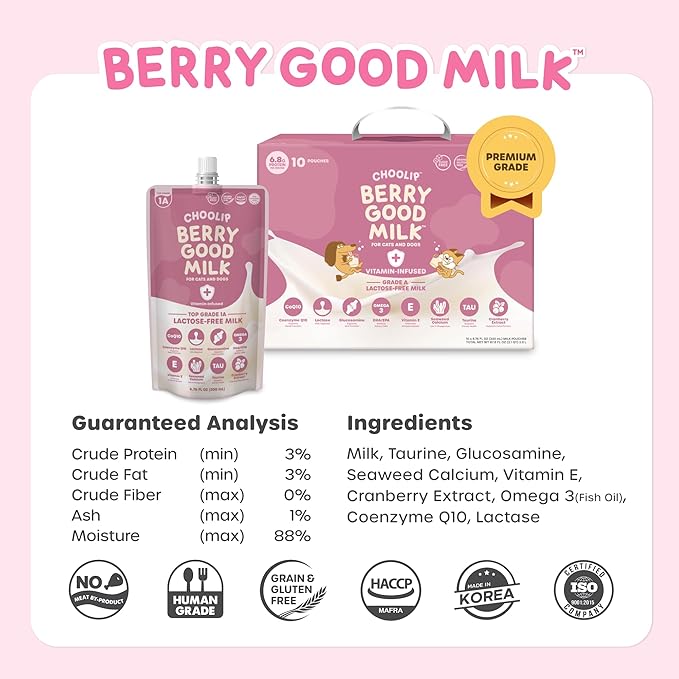 Berry Good Pet Milk. 10pk Vitamin-Infused Cat Milk, Dog, Kitten, Puppy Milk. Dog Bladder Support, Cat Kidney Support, Cat Urinary Supplement Cranberry, Omega 3, CoQ10, Glucosamine, Taurine